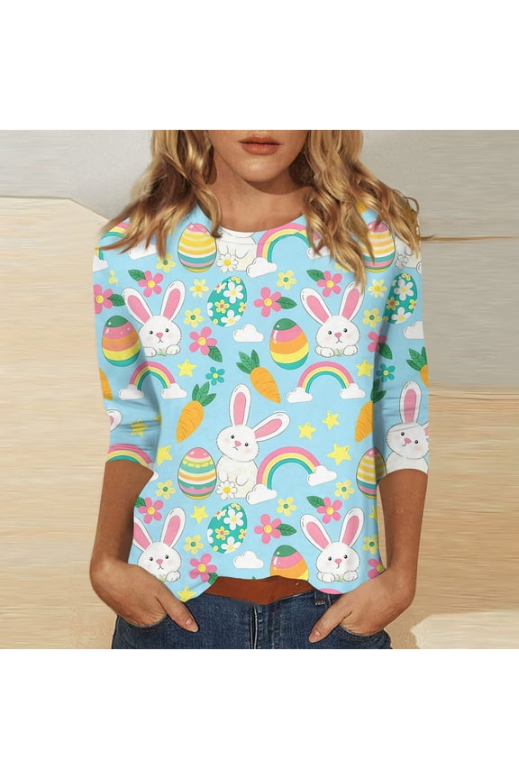 Easter Printed 3/4 Sleeve Sweaters for Womens, Cute Bunny Eggs Pattern Crew-Neck Women Tops, Spring Going Out Easter Cotton Pullover for Wear & Gifts