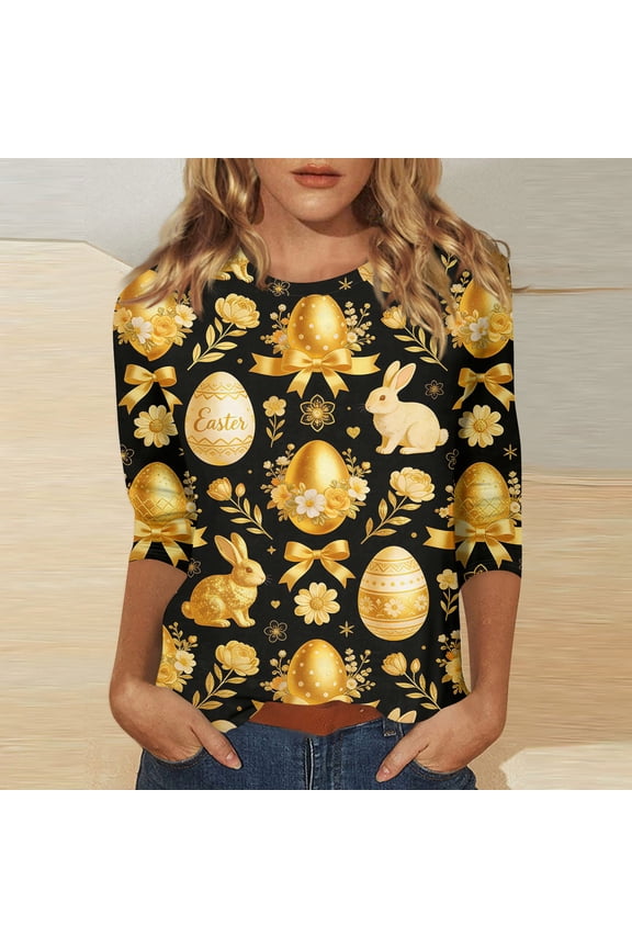 Easter Printed 3/4 Sleeve Sweaters for Womens, Cute Bunny Eggs Pattern Crew-Neck Women Tops, Spring Going Out Easter Cotton Pullover for Wear & Gifts