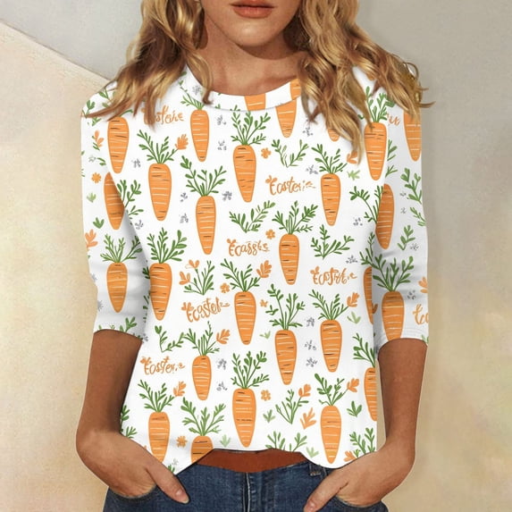 HAVUITYY Easter Printed Women's Sweaters, 3/39 Sleeve Crew Neck Womens Tops, Spring Going Out Easter Shirts for Women Wear & Gifts