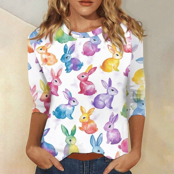 HAVUITYY Easter Printed Women's Sweaters, 3/50 Sleeve Crew Neck Womens Tops, Spring Going Out Easter Shirts for Women Wear & Gifts