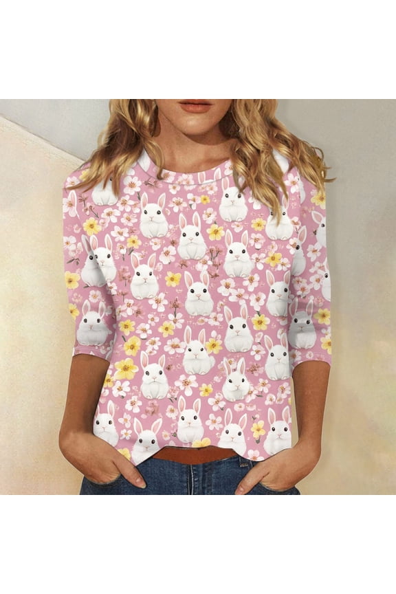 Easter Printed Women's Sweaters, 3/83 Sleeve Crew Neck Womens Tops, Spring Going Out Easter Shirts for Women Wear & Gifts