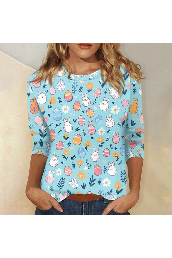 Easter Printed Women's Sweaters, 3/92 Sleeve Crew Neck Womens Tops, Spring Going Out Easter Shirts for Women Wear & Gifts