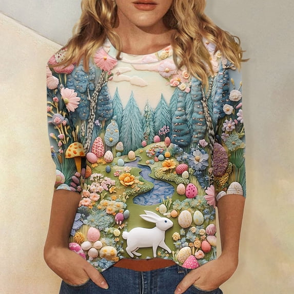HAVUITYY Easter Printed Women's Sweaters, 3/94 Sleeve Crew Neck Womens Tops, Spring Going Out Easter Shirts for Women Wear & Gifts