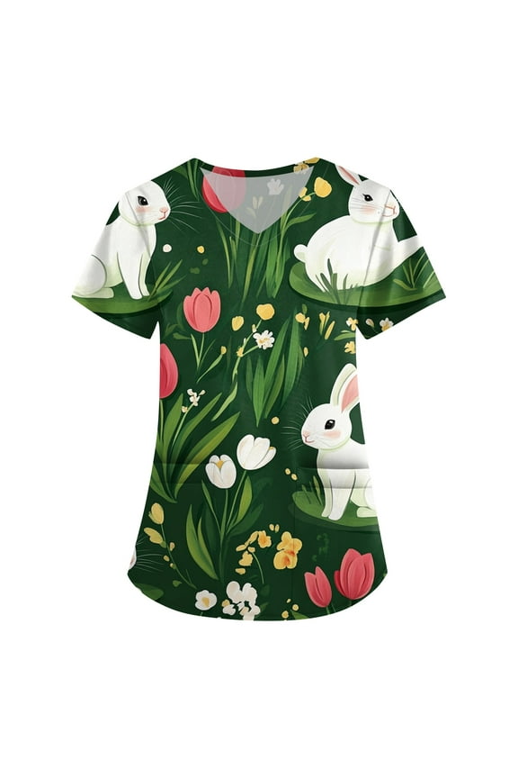 Easter Scrub Tops for Women, Cute Bunny Eggs Pattern Stretch Nurse Top with Pockets Easter Plus sized Short Sleeve V-Neck Working Uniform