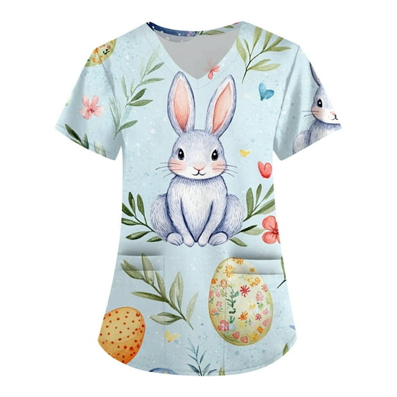 HAVUITYY Easter Scrub Tops for Women, Cute Bunny Eggs Pattern Stretch Nurse Top with Pockets Easter Plus sized Short Sleeve V-Neck Working Uniform