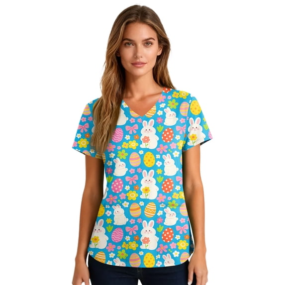 HAVUITYY Easter Stretch Scrub Tops for Women Cute Bunny Eggs Printed V-Neck Working Uniform Easter Plus sized Nurse Top with Pockets