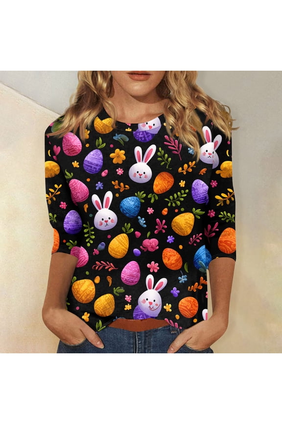 Easter Women's 3/4 Sleeve Sweaters, Cute Bunny Printed Crew Neck Womens Tops, Spring Going Out Shirts for Women, Ideal Easter Wear & Gifts