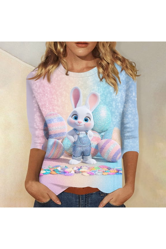 Easter Women's 3/4 Sleeve Sweaters, Cute Bunny Printed Crew Neck Womens Tops, Spring Going Out Shirts for Women, Ideal Easter Wear & Gifts