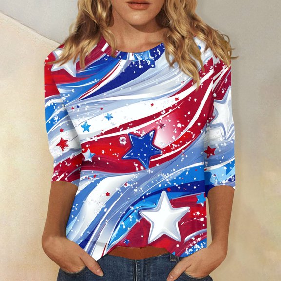 HAVUITYY Independence Day 3/4 Sleeve Sweaters for Womens, Plus Sized Fashion Flag Printed Crew-Neck Pullover, Women's Spring Going Out Tops for Gifts & Wear