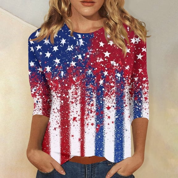 HAVUITYY Independence Day 3/4 Sleeve Sweaters for Womens, Plus Sized Fashion Flag Printed Crew-Neck Pullover, Women's Spring Going Out Tops for Gifts & Wear