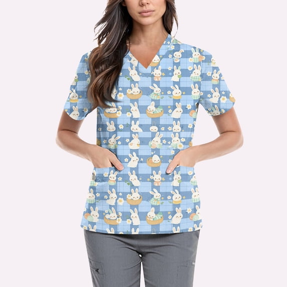HAVUITYY Printed Easter Scrubs for Women, Cute Bunny & Eggs Short Sleeve V-Neck Nurse Tops, Plus sized Working Uniform Top with Pockets, Easter Gifts and Wear for Womens, 02-Blue M