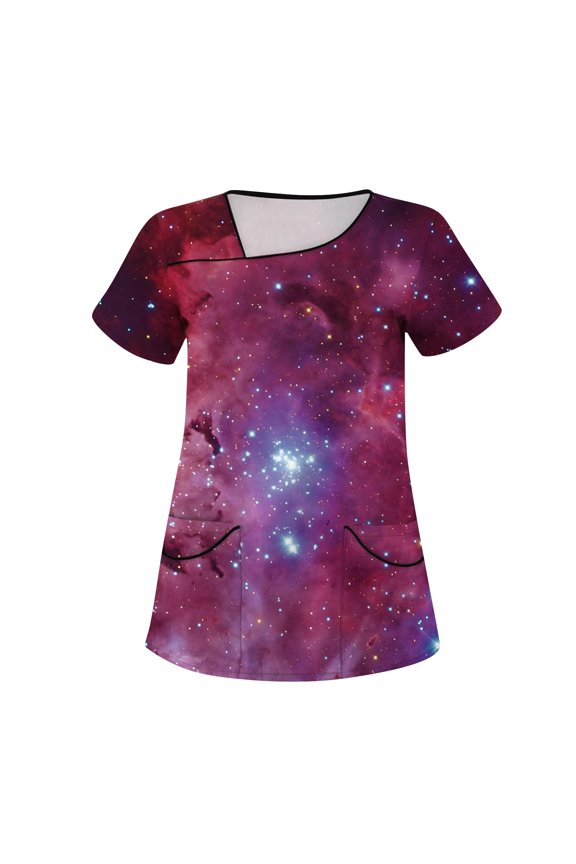 Stretch Scrub Top for Womens, Starry Sky Printed V-neck Working Uniform, Plus Size Comfort Fit Scrubs with Pockets