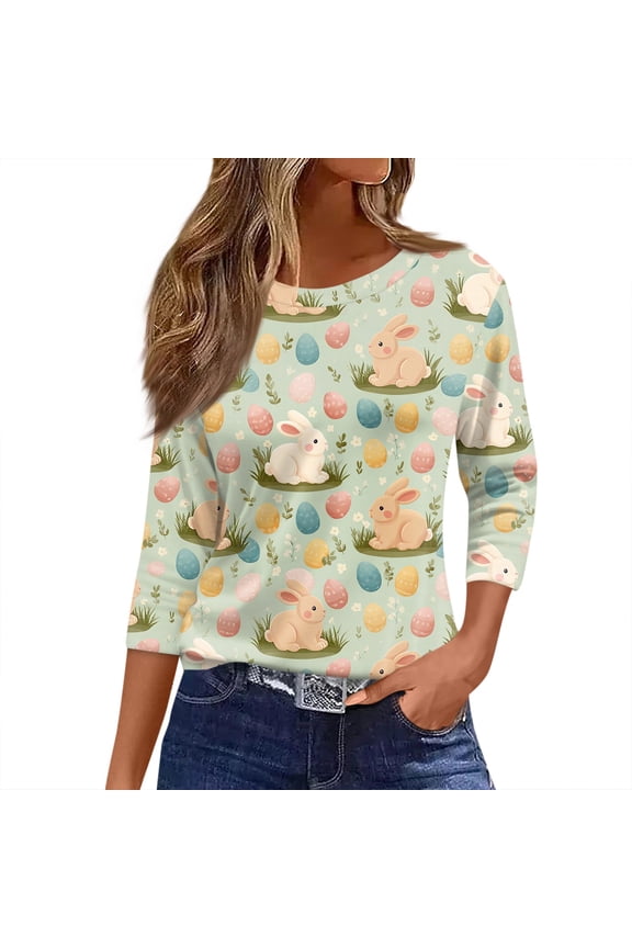 Women's 3/4 Sleeve Sweaters, Cute Bunny Eggs Printed Womens Tops, Easter Spring T-Shirts for Women
