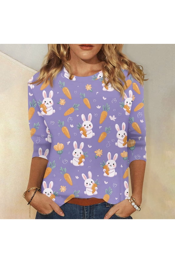 Women's Easter 3/4 Sleeve Sweater - Cute Bunny & Eggs Pattern Crew Neck Cotton Pullover Top, Spring Casual Going Out Tops