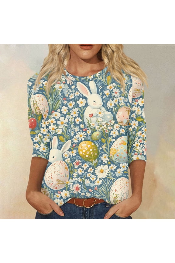 Women's Easter 3/4 Sleeve Sweater - Cute Bunny & Eggs Pattern Crew Neck Cotton Pullover Top, Spring Casual Going Out Tops