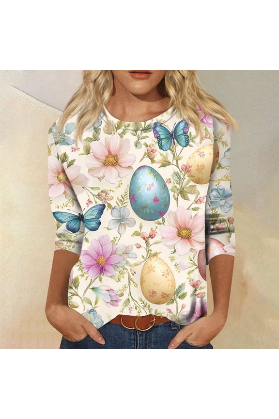 Women's Easter 3/4 Sleeve Sweater, Cute Bunny Eggs Pattern Crew Neck Pullover, Spring Oversized Casual Going Out Tops