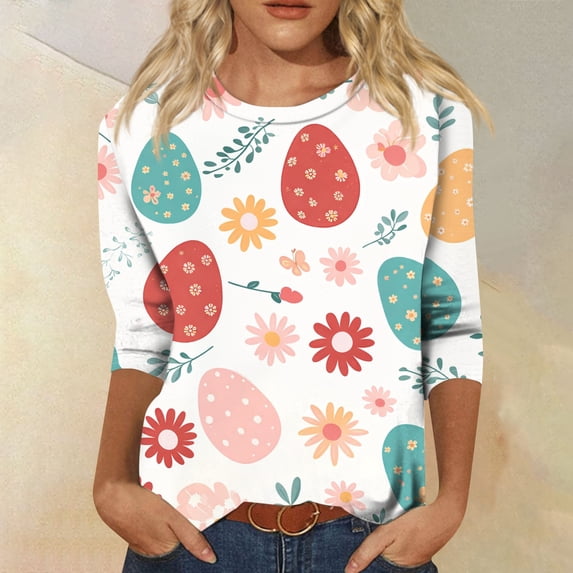 HAVUITYY Women's Easter 3/4 Sleeve Sweater, Cute Bunny Eggs Pattern Crew Neck Pullover, Spring Oversized Casual Going Out Tops
