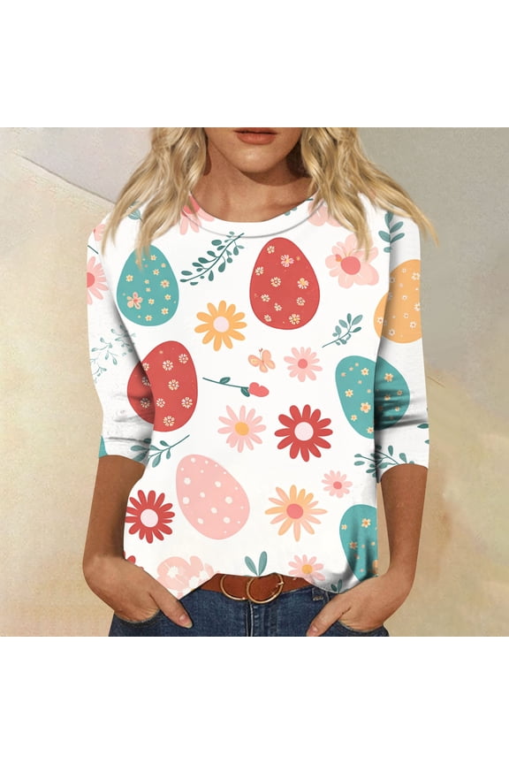 Women's Easter 3/4 Sleeve Sweater, Cute Bunny Eggs Pattern Crew Neck Pullover, Spring Oversized Casual Going Out Tops