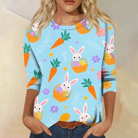 HAVUITYY Women's Easter 3/4 Sleeve Sweater, Cute Bunny Eggs Pattern Crew Neck Pullover, Spring Oversized Casual Going Out Tops