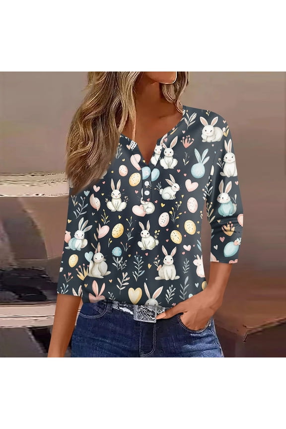 Women's Easter 3/4 Sleeve Sweaters, Crew Neck Printed Womens Tops, Spring Going Out Easter Shirts for Women Wear & Gifts
