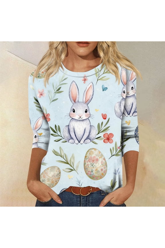 Women's Easter 3/4 Sleeve Sweaters, Cute Bunny Eggs Printed Crew-Neck Cotton Pullover for Womens, Stylish Spring Party Lounge Oversized Shirts, Ideal Easter Gifts for Women