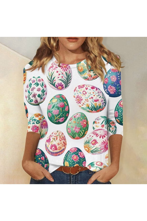 Women's Easter 3/4 Sleeve Sweaters, Cute Bunny Eggs Printed Crew-Neck Cotton Pullover for Womens, Stylish Spring Party Lounge Oversized Shirts, Ideal Easter Gifts for Women