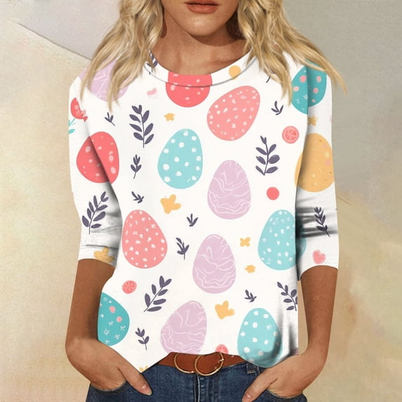 HAVUITYY Women's Easter 3/4 Sleeve Sweaters, Cute Bunny Eggs Printed Crew-Neck Cotton Pullover for Womens, Stylish Spring Party Lounge Oversized Shirts, Ideal Easter Gifts for Women
