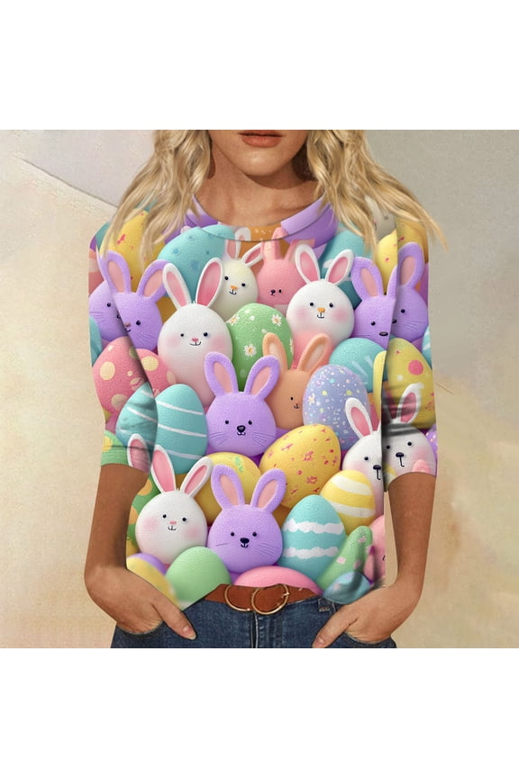 Women's Easter 3/4 Sleeve Sweaters, Cute Bunny Eggs Printed Crew-Neck Cotton Pullover for Womens, Stylish Spring Party Lounge Oversized Shirts, Ideal Easter Gifts for Women