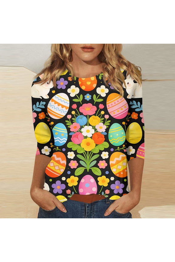 Women's Easter 3/4 Sleeve Sweaters, Cute Bunny Eggs Printed Womens Tops, Spring Lightweight Goung Out Shirts for Women