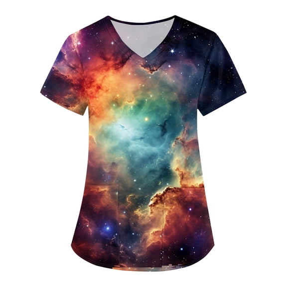 HAVUITYY Women's Printed Scrub Top, Starry Sky Stretch V-neck Working Uniform, Comfort Fit Nurse Uniform Scrubs with Pockets