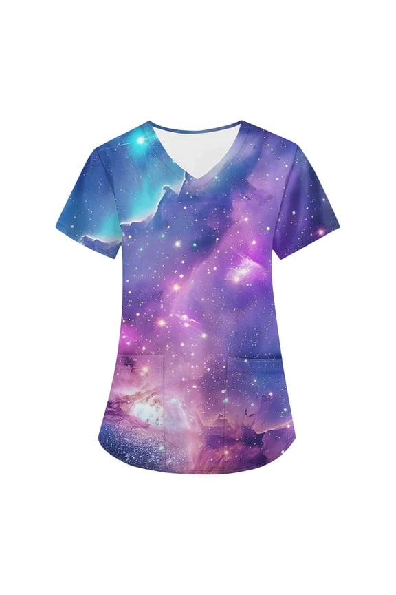 Women's Printed Scrub Top, Starry Sky Stretch V-neck Working Uniform, Comfort Fit Nurse Uniform Scrubs with Pockets