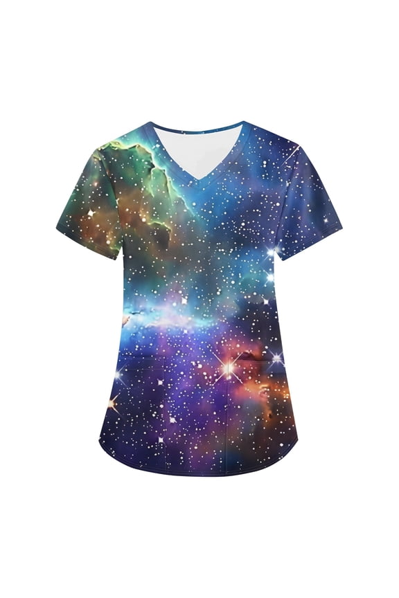 Women's Printed Scrub Top, Starry Sky Stretch V-neck Working Uniform, Comfort Fit Nurse Uniform Scrubs with Pockets