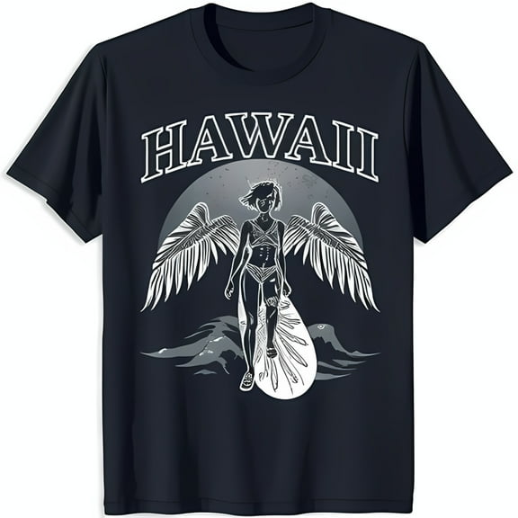 HAWAII Graphic Black T-Shirt with Winged Woman Surfing Design Adventure & Freedom