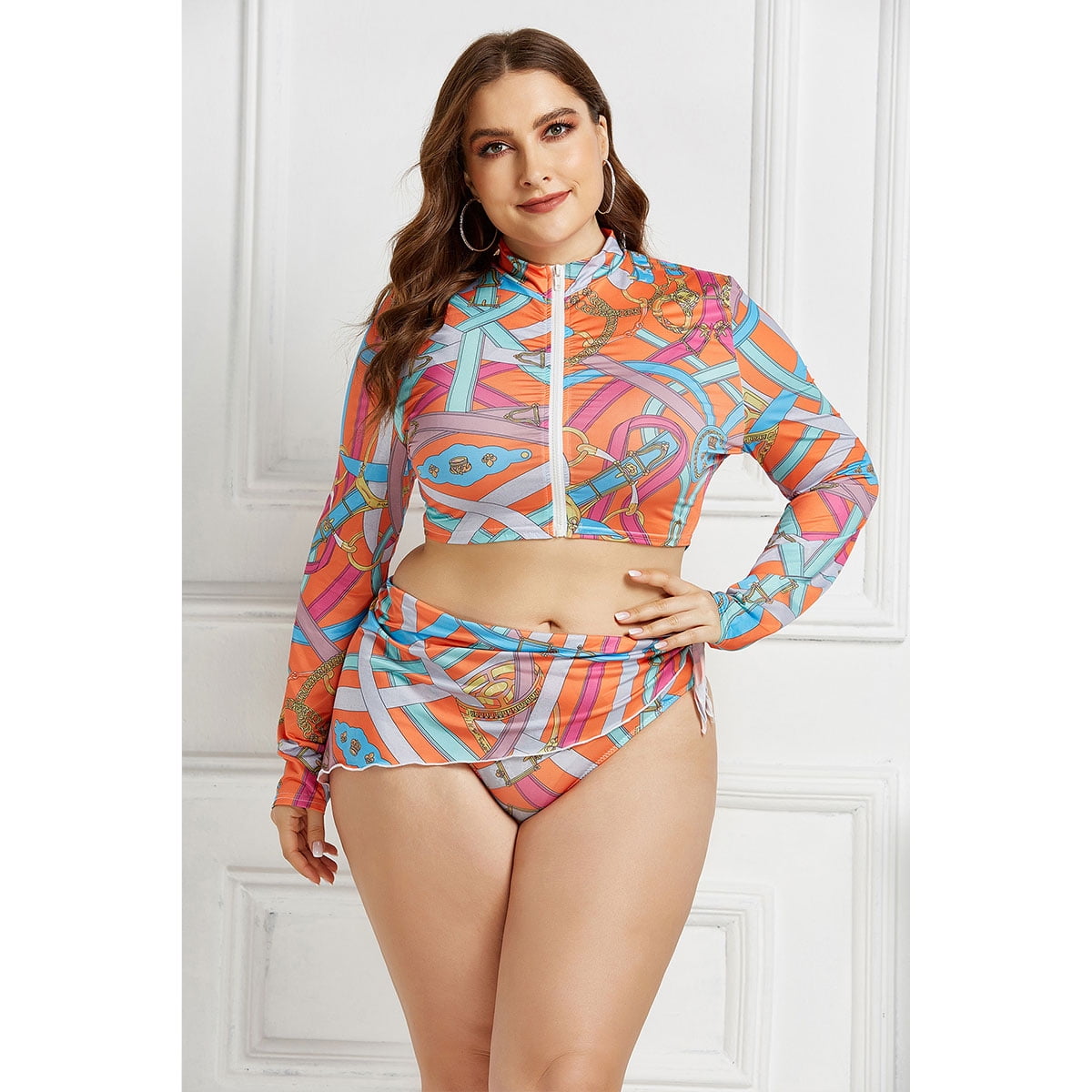 Long Sleeve Two Piece Swimsuit Surf Suit Coconut Tree Print Zip Up 