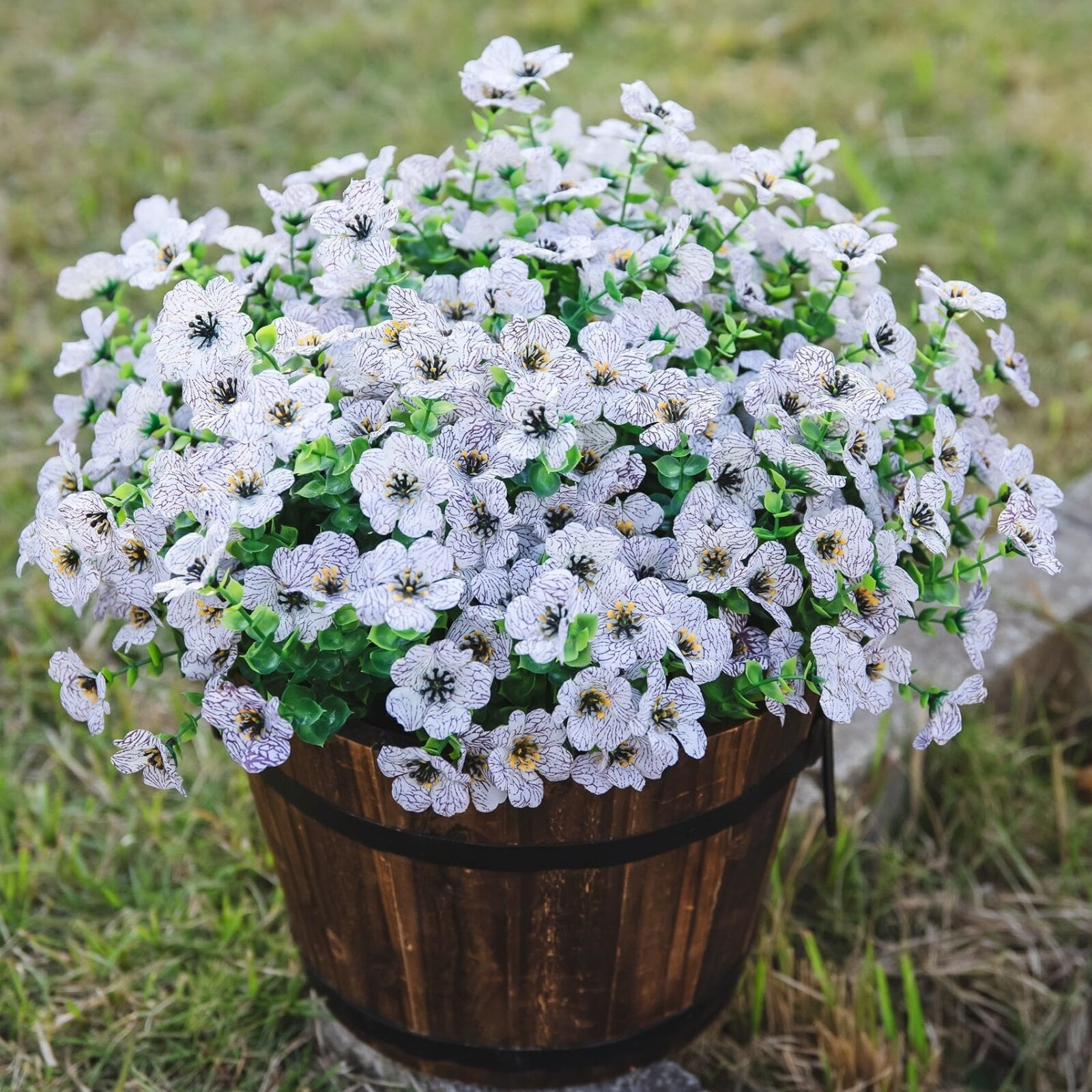 HAWEE Artificial Faux Plants Flowers Outdoor Spring Decoration, 12 Bundles Fake Silk Colorful Daisy Eucalyptus Realistic UV Resistant for Outside Home Planter Porch Patio Window Yard Decor