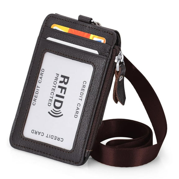 HAWEE Badge Holder with Zipper Genuine Leather RFID Keychain Wallet Neck Lanyards with Swivel Hook for Card/ Coin/ Cash, Coffee