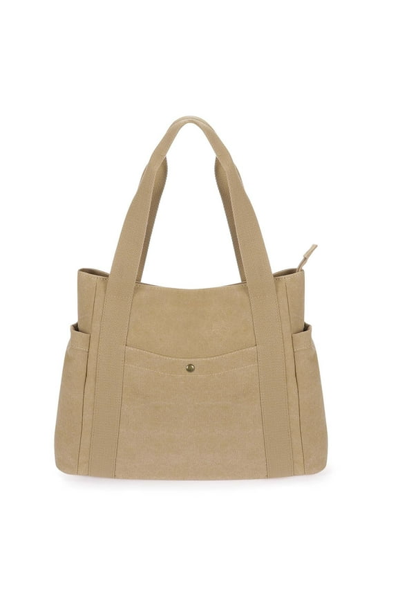 Canvas Tote Bag for Women Zip Top Daily Work Handbag Casual Shoulder Bag for Shopping Business Travel, Khaki