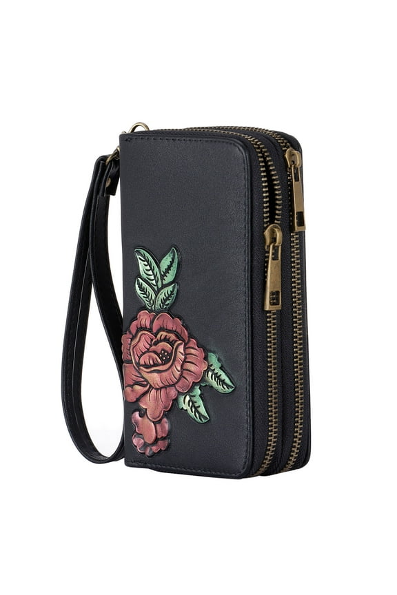 Cellphone Wallet Dual Zipper Wristlet Purse with Card Slot/ Coin Pouch Compatible with iPhone/Samsung for Women or Lady, Embosing Peony