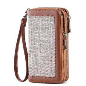 HAWEE Cellphone Wallet Dual Zipper Wristlet Purse with Card Slot/ Coin Pouch Compatible with iPhone/Samsung for Women or Lady, Grey Linen+Brown