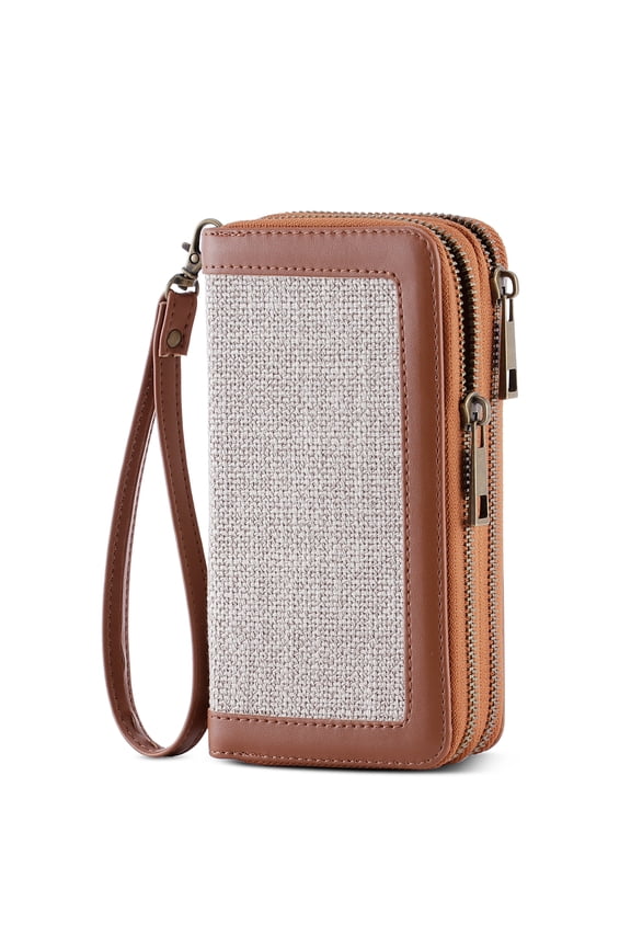 Cellphone Wallet Dual Zipper Wristlet Purse with Card Slot/ Coin Pouch Compatible with iPhone/Samsung for Women or Lady, Grey Linen+Brown