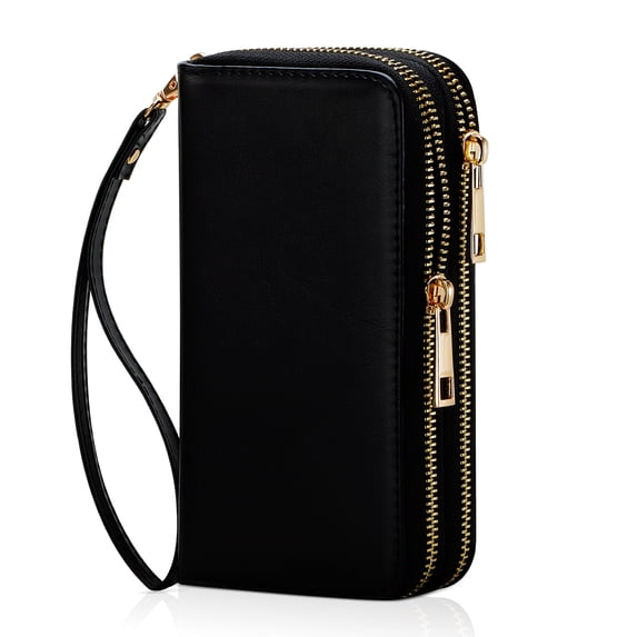 HAWEE Cellphone Wallet for Women Dual Zipper Long Purse with Removable Wristlet, Black