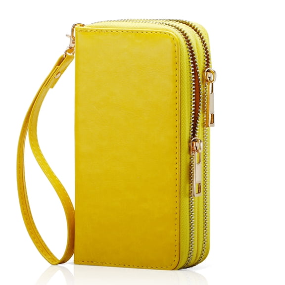 HAWEE Cellphone Wallet for Women Dual Zipper Long Purse with Removable Wristlet, Bright Yellow