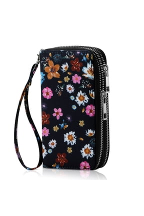 Cellphone Wallet for Women Dual Zipper Long Purse with Removable Wristlet, Colorful Flower