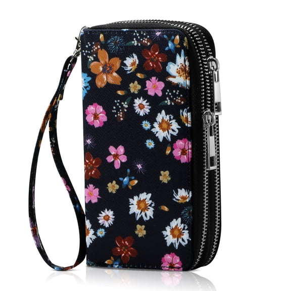 HAWEE Cellphone Wallet for Women Dual Zipper Long Purse with Removable Wristlet, Colorful Flower