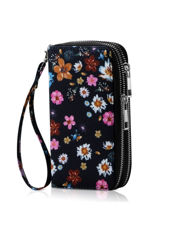 Cellphone Wallet for Women Dual Zipper Long Purse with Removable Wristlet, Colorful Flower
