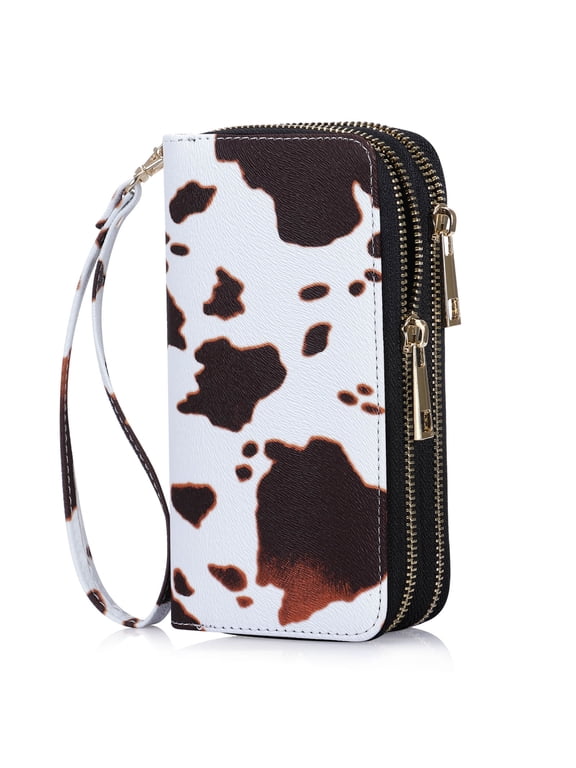 Cellphone Wallet for Women Dual Zipper Long Purse with Removable Wristlet, Cow