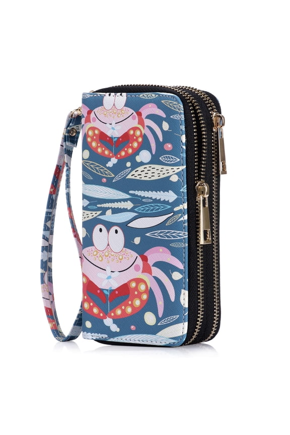 Cellphone Wallet for Women Dual Zipper Long Purse with Removable Wristlet, Crab
