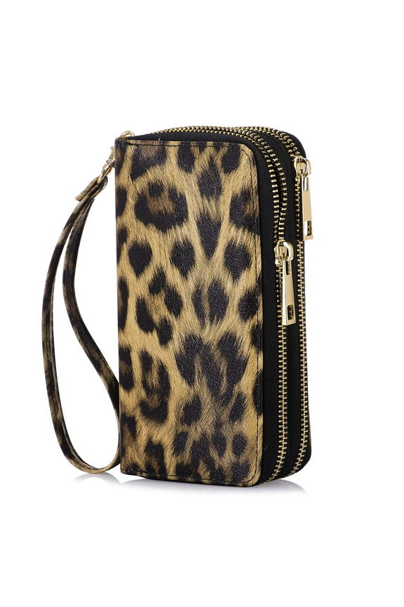 Cellphone Wallet for Women Dual Zipper Long Purse with Removable Wristlet, Leopard Brown