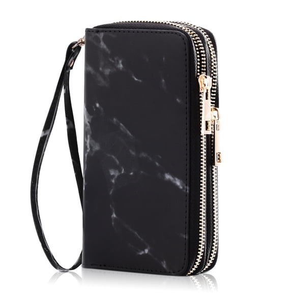 HAWEE Cellphone Wallet for Women Dual Zipper Long Purse with Removable Wristlet, Marble Black