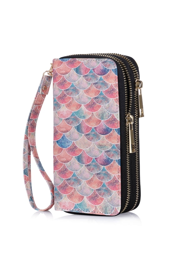Cellphone Wallet for Women Dual Zipper Long Purse with Removable Wristlet, Mermaid Pink
